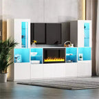 Modern TV Stand with LED Lights for 75 inch TV, Media Console Table with Tempered Glass Shelves and Non-heating Fireplace