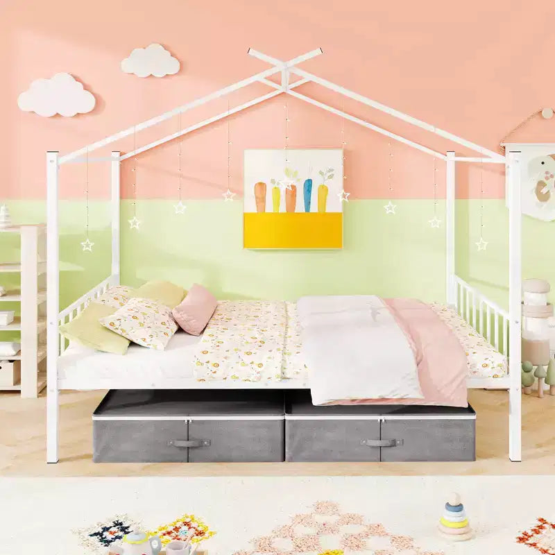 Costway Full Size Metal House Bed w/ 2 Fabric Drawers Heavy-Duty Platform Bed