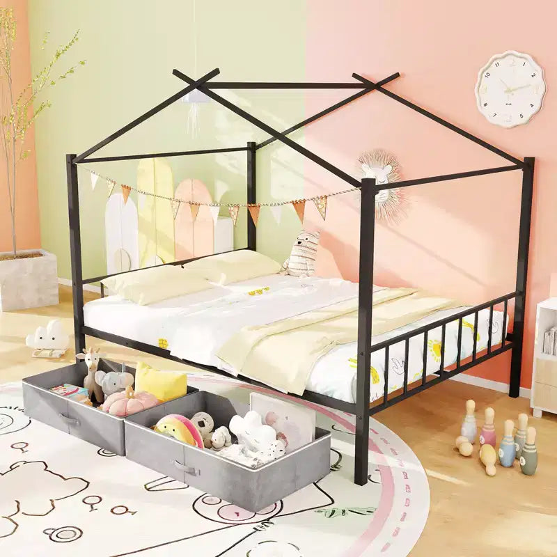 Costway Full Size Metal House Bed w/ 2 Fabric Drawers Heavy-Duty Platform Bed