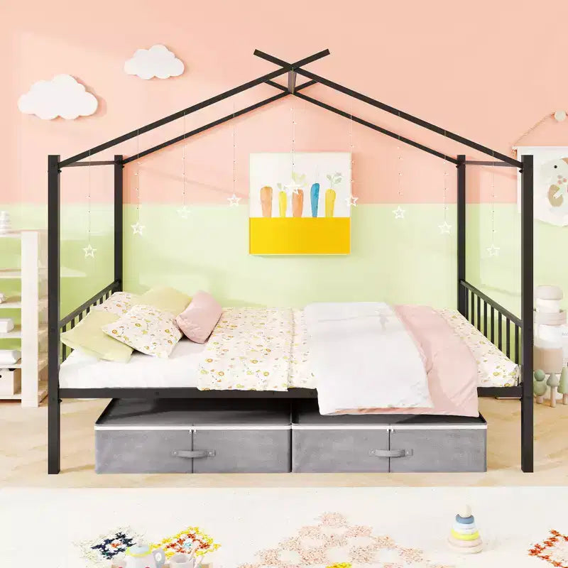 Costway Full Size Metal House Bed w/ 2 Fabric Drawers Heavy-Duty Platform Bed