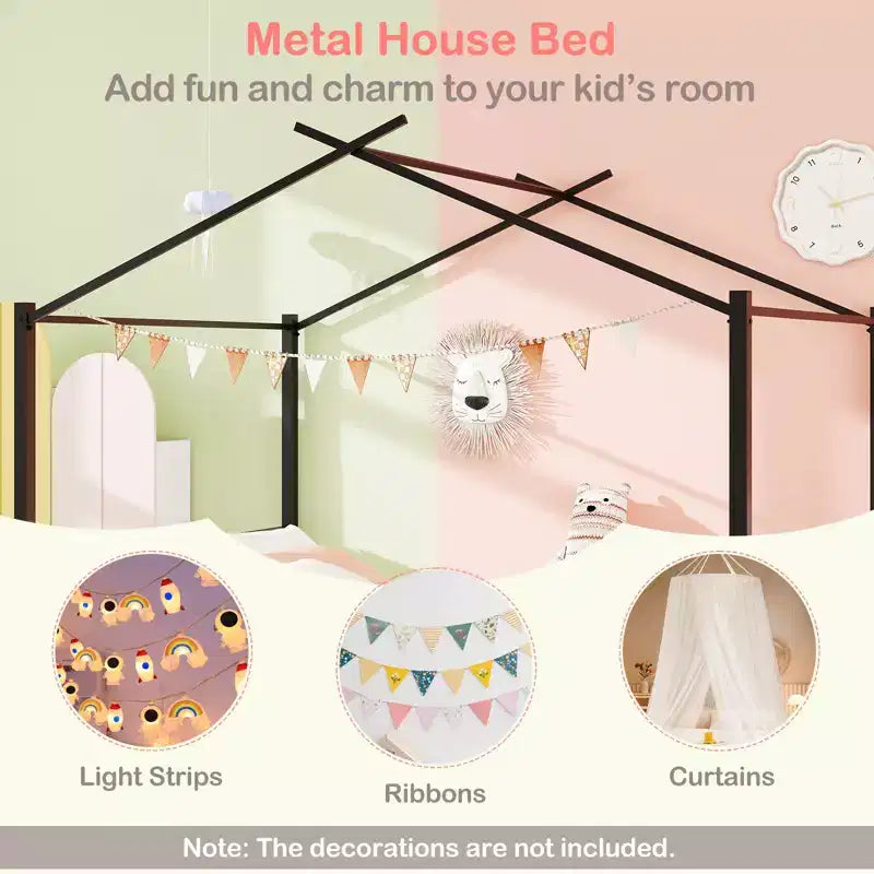 Costway Full Size Metal House Bed w/ 2 Fabric Drawers Heavy-Duty Platform Bed
