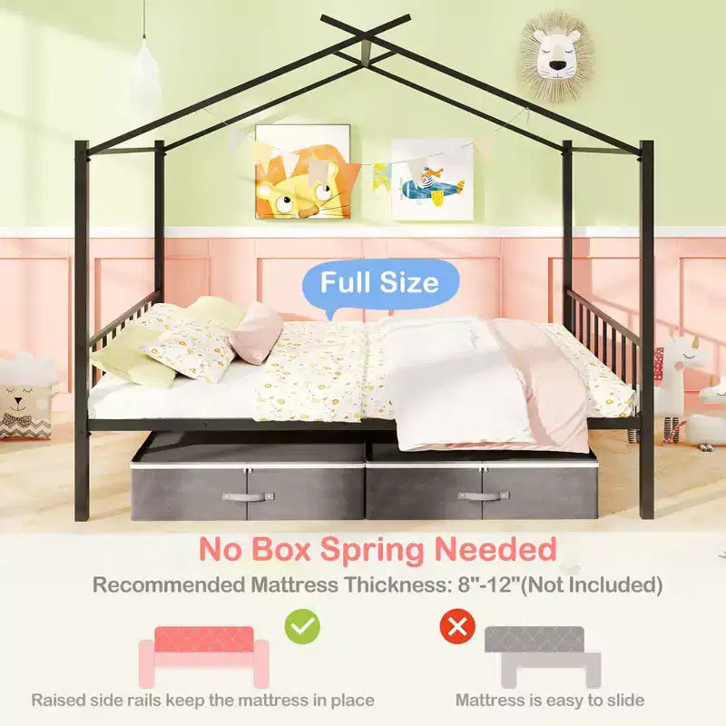 Costway Full Size Metal House Bed w/ 2 Fabric Drawers Heavy-Duty Platform Bed