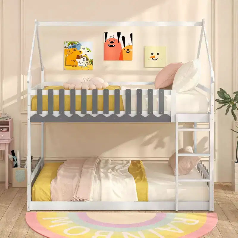 Costway Twin Over Twin Bunk Bed w/ Fence & Ladder Solid Wood Floor Bunk Bed for Kids White
