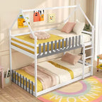 Costway Twin Over Twin Bunk Bed w/ Fence & Ladder Solid Wood Floor Bunk Bed for Kids White
