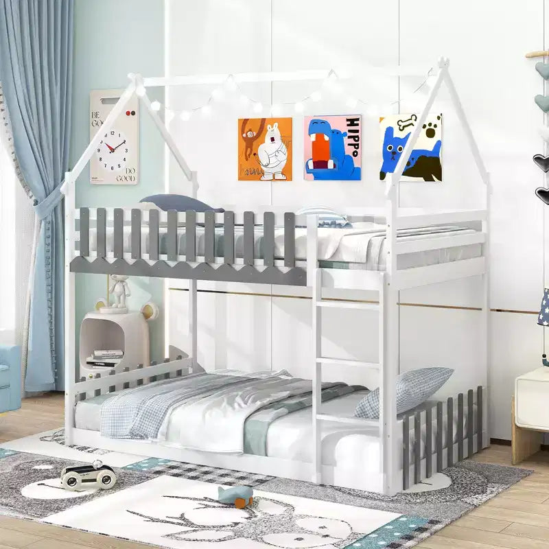 Costway Twin Over Twin Bunk Bed w/ Fence & Ladder Solid Wood Floor Bunk Bed for Kids White