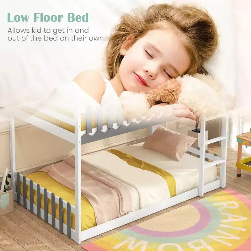 Costway Twin Over Twin Bunk Bed w/ Fence & Ladder Solid Wood Floor Bunk Bed for Kids White