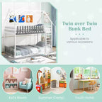 Costway Twin Over Twin Bunk Bed w/ Fence & Ladder Solid Wood Floor Bunk Bed for Kids White
