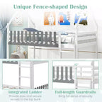Costway Twin Over Twin Bunk Bed w/ Fence & Ladder Solid Wood Floor Bunk Bed for Kids White