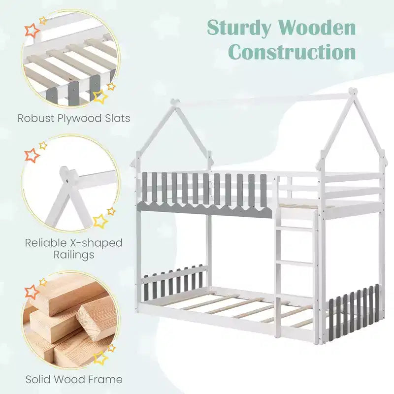 Costway Twin Over Twin Bunk Bed w/ Fence & Ladder Solid Wood Floor Bunk Bed for Kids White