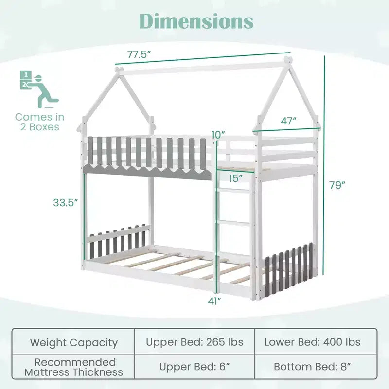 Costway Twin Over Twin Bunk Bed w/ Fence & Ladder Solid Wood Floor Bunk Bed for Kids White
