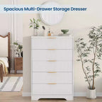 47 Inch Tall Fluted 5-Drawer Dresser with Gold Handles, Wood Tone Finish Storage Cabinet for Bedroom Closet and Entryway, Multi-Use Organizer