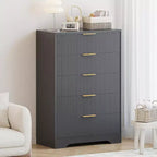 47 Inch Tall Fluted 5-Drawer Dresser with Gold Handles, Wood Tone Finish Storage Cabinet for Bedroom Closet and Entryway, Multi-Use Organizer