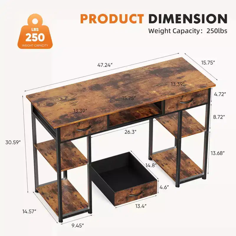TUYOHW 48 Computer Desk with 2 Drawers,Writing Desk with Open Shelves for Vanity,Study,Gaming Desk for Home Office Dorm