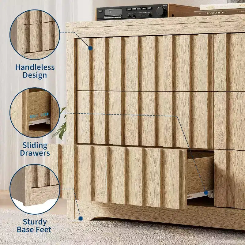 Acekool 6 Drawer Dresser, Modern Wood Storage Cabinet for Bedroom, Living Room, Natural Finish, 54 Inch