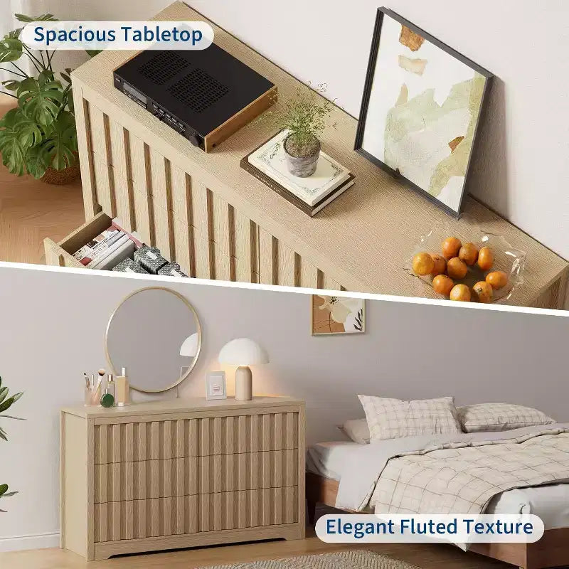 Acekool 6 Drawer Dresser, Modern Wood Storage Cabinet for Bedroom, Living Room, Natural Finish, 54 Inch