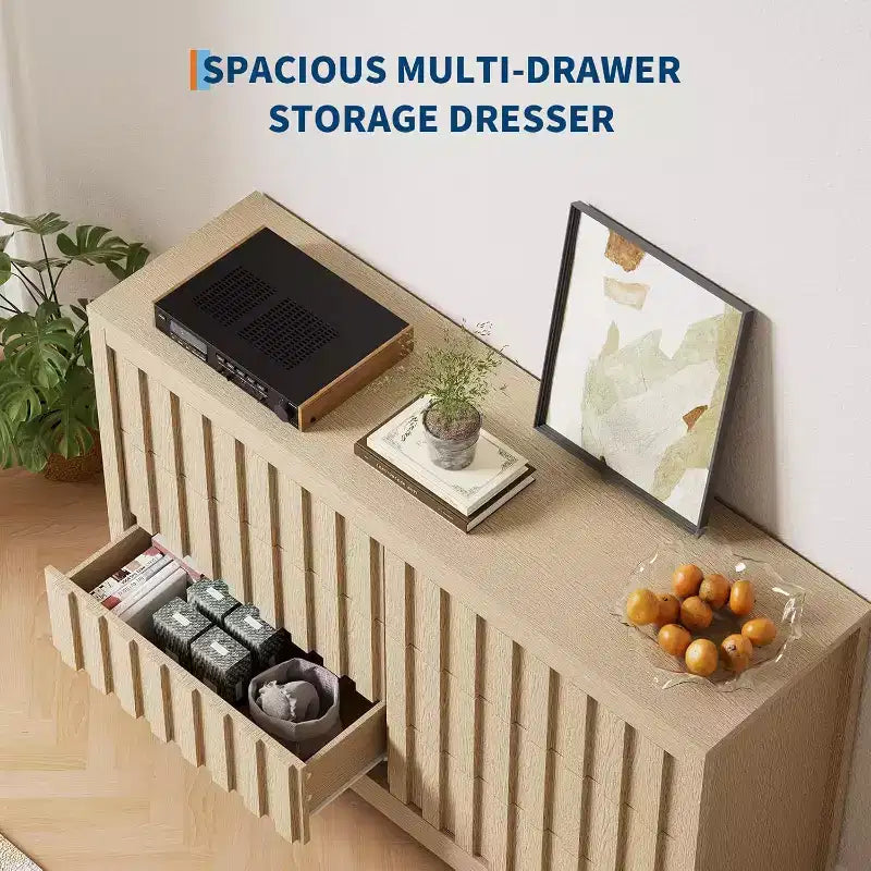 Acekool 6 Drawer Dresser, Modern Wood Storage Cabinet for Bedroom, Living Room, Natural Finish, 54 Inch