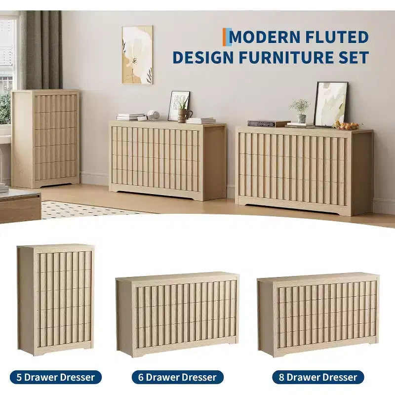 Acekool 6 Drawer Dresser, Modern Wood Storage Cabinet for Bedroom, Living Room, Natural Finish, 54 Inch