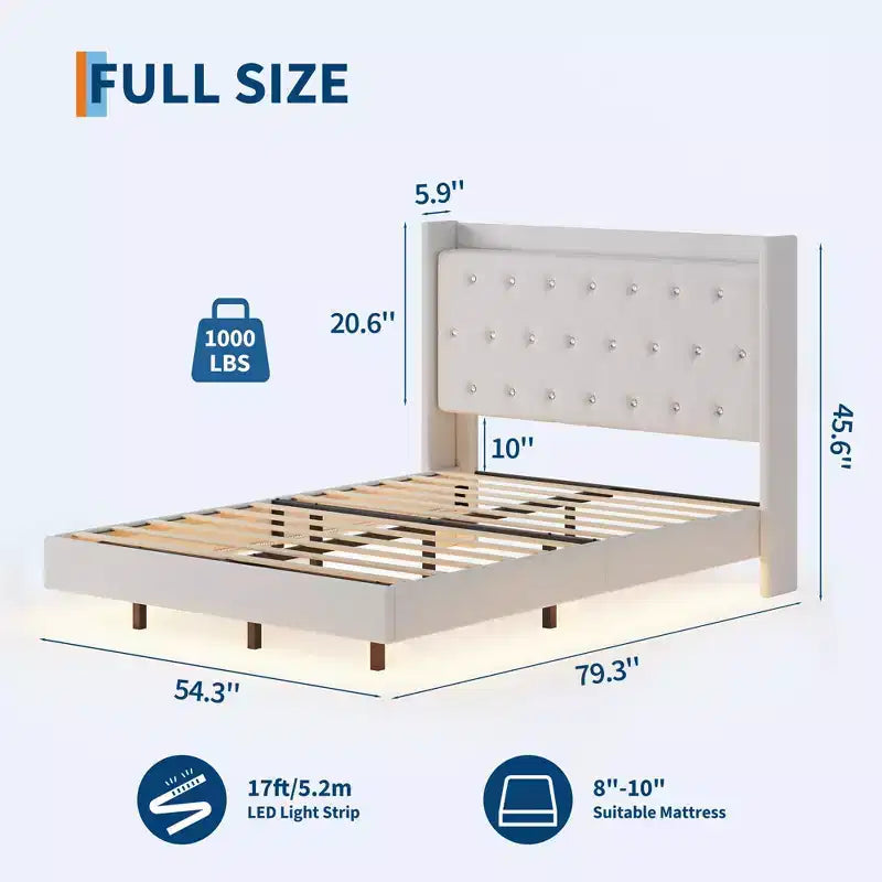 Floating Bed with Velvet Upholstered Storage Headboard for Apartment Bedroom, No Box Spring Needed, Noise Free
