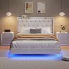 Floating Bed with Velvet Upholstered Storage Headboard for Apartment Bedroom, No Box Spring Needed, Noise Free