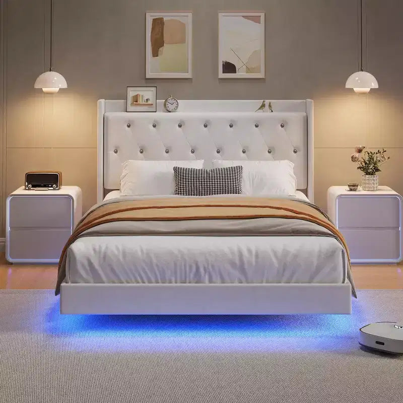 Floating Bed with Velvet Upholstered Storage Headboard for Apartment Bedroom, No Box Spring Needed, Noise Free