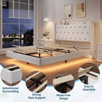 Floating Bed with Velvet Upholstered Storage Headboard for Apartment Bedroom, No Box Spring Needed, Noise Free