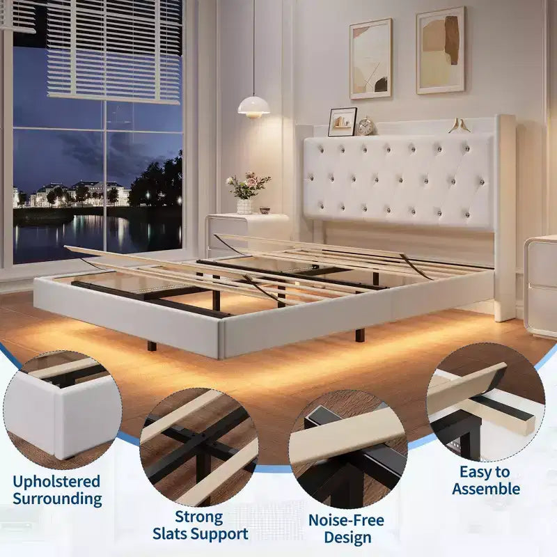 Floating Bed with Velvet Upholstered Storage Headboard for Apartment Bedroom, No Box Spring Needed, Noise Free
