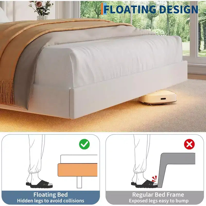 Floating Bed with Velvet Upholstered Storage Headboard for Apartment Bedroom, No Box Spring Needed, Noise Free