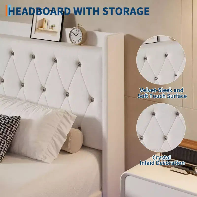 Floating Bed with Velvet Upholstered Storage Headboard for Apartment Bedroom, No Box Spring Needed, Noise Free
