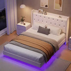 Floating Bed with Velvet Upholstered Storage Headboard for Apartment Bedroom, No Box Spring Needed, Noise Free