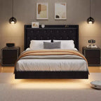 Floating Bed with Velvet Upholstered Storage Headboard for Apartment Bedroom, No Box Spring Needed, Noise Free