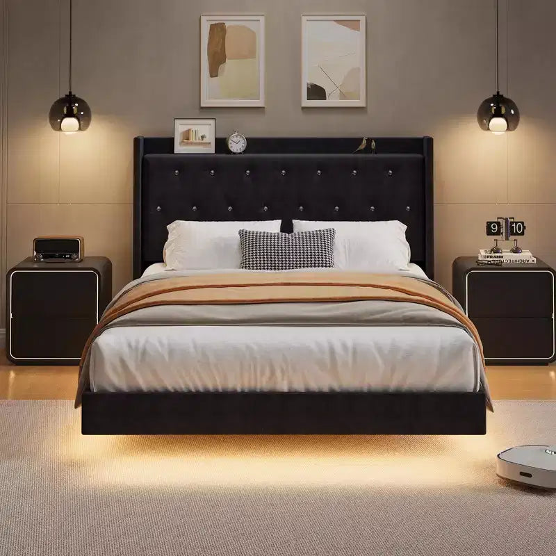 Floating Bed with Velvet Upholstered Storage Headboard for Apartment Bedroom, No Box Spring Needed, Noise Free