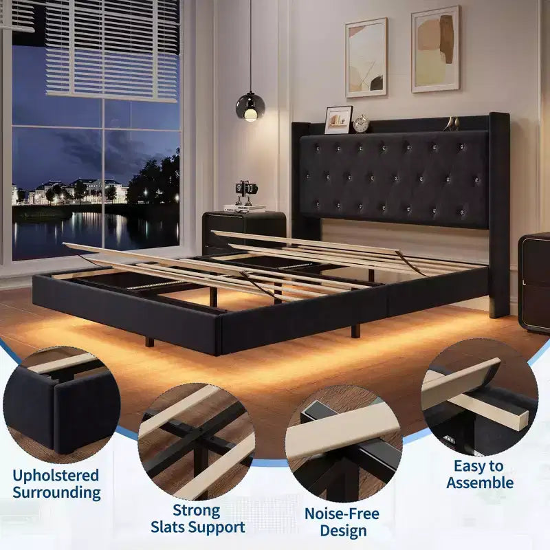Floating Bed with Velvet Upholstered Storage Headboard for Apartment Bedroom, No Box Spring Needed, Noise Free