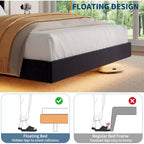 Floating Bed with Velvet Upholstered Storage Headboard for Apartment Bedroom, No Box Spring Needed, Noise Free