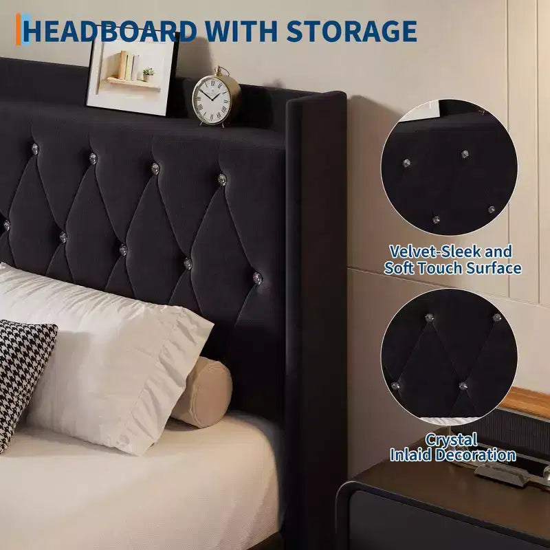 Floating Bed with Velvet Upholstered Storage Headboard for Apartment Bedroom, No Box Spring Needed, Noise Free