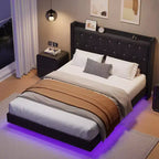 Floating Bed with Velvet Upholstered Storage Headboard for Apartment Bedroom, No Box Spring Needed, Noise Free
