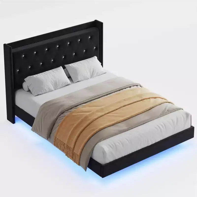 Floating Bed with Velvet Upholstered Storage Headboard for Apartment Bedroom, No Box Spring Needed, Noise Free