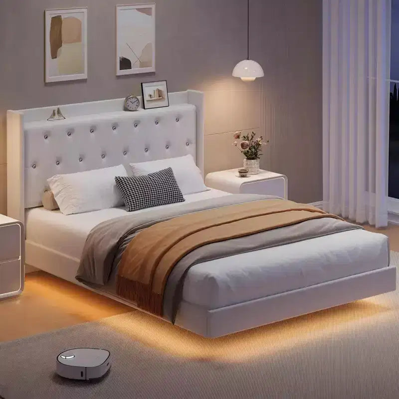 Floating Bed with Velvet Upholstered Storage Headboard for Apartment Bedroom, No Box Spring Needed, Noise Free