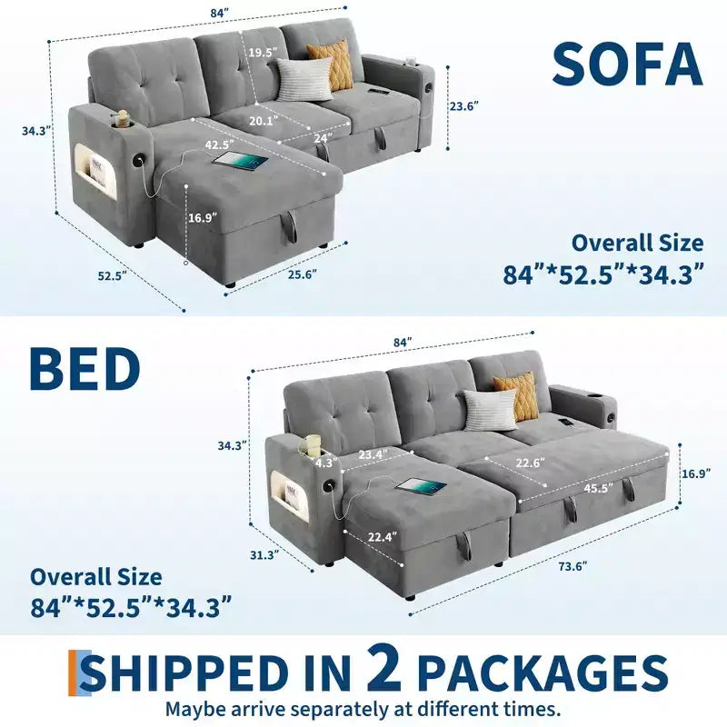 84 Inch Sleeper Sofa Couch, L-Shaped Sofa, Convertible Pull Out Sofa Bed with Storage, Charging Station, Led Lights, Modern Sectional Sofa for Room