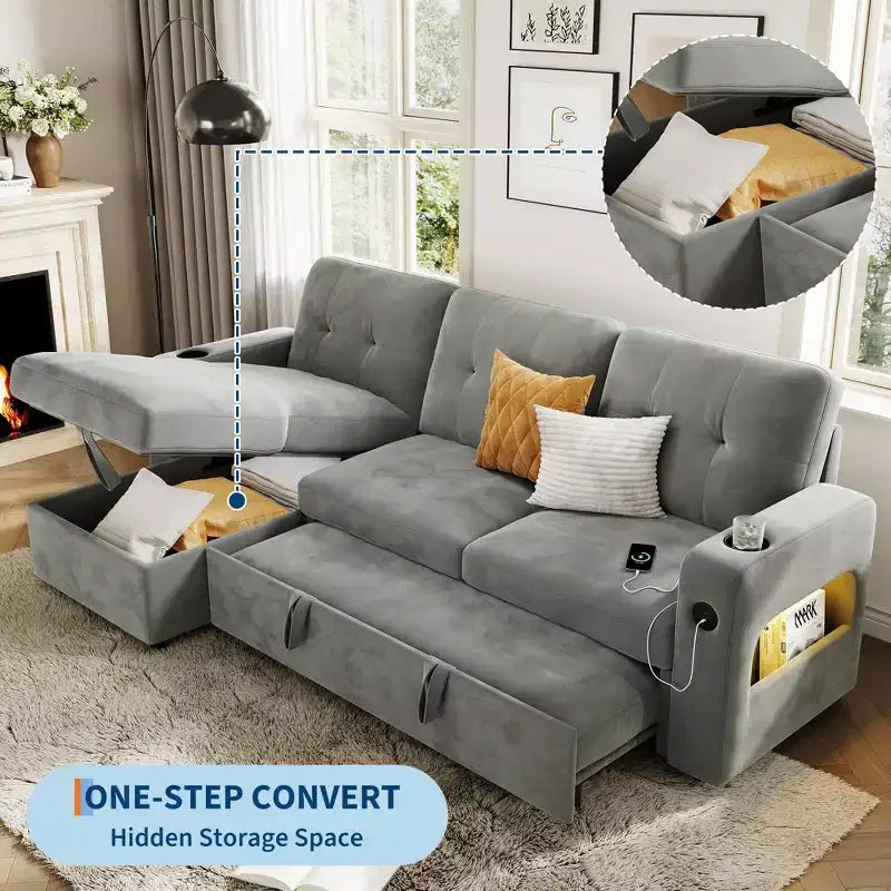 84 Inch Sleeper Sofa Couch, L-Shaped Sofa, Convertible Pull Out Sofa Bed with Storage, Charging Station, Led Lights, Modern Sectional Sofa for Room