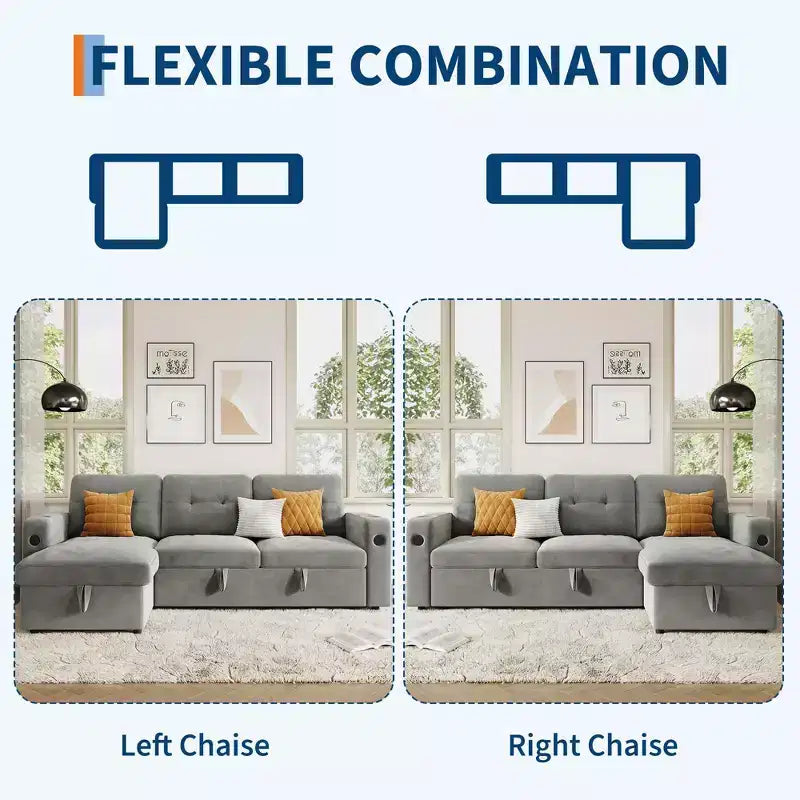 84 Inch Sleeper Sofa Couch, L-Shaped Sofa, Convertible Pull Out Sofa Bed with Storage, Charging Station, Led Lights, Modern Sectional Sofa for Room