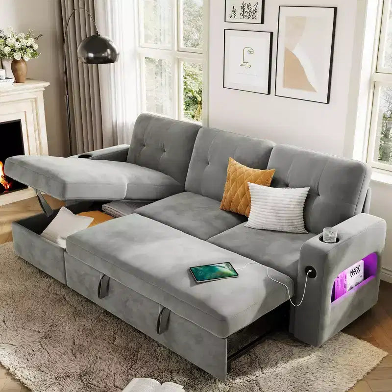 84 Inch Sleeper Sofa Couch, L-Shaped Sofa, Convertible Pull Out Sofa Bed with Storage, Charging Station, Led Lights, Modern Sectional Sofa for Room