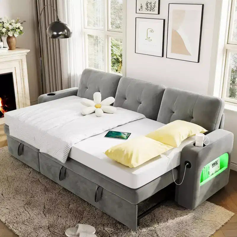 84 Inch Sleeper Sofa Couch, L-Shaped Sofa, Convertible Pull Out Sofa Bed with Storage, Charging Station, Led Lights, Modern Sectional Sofa for Room