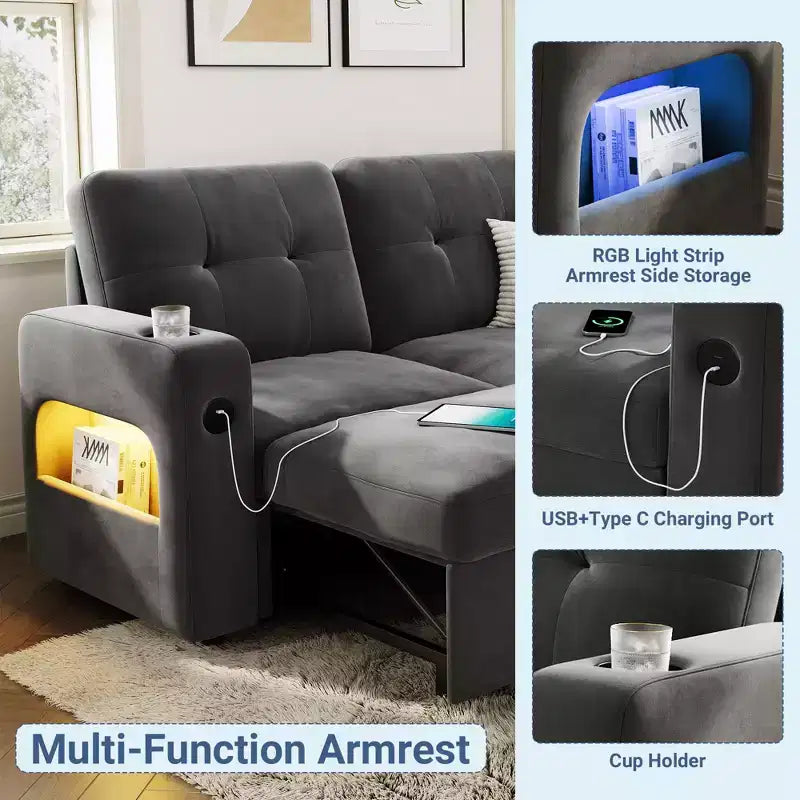 84 Inch Sleeper Sofa Couch, L-Shaped Sofa, Convertible Pull Out Sofa Bed with Storage, Charging Station, Led Lights, Modern Sectional Sofa for Room