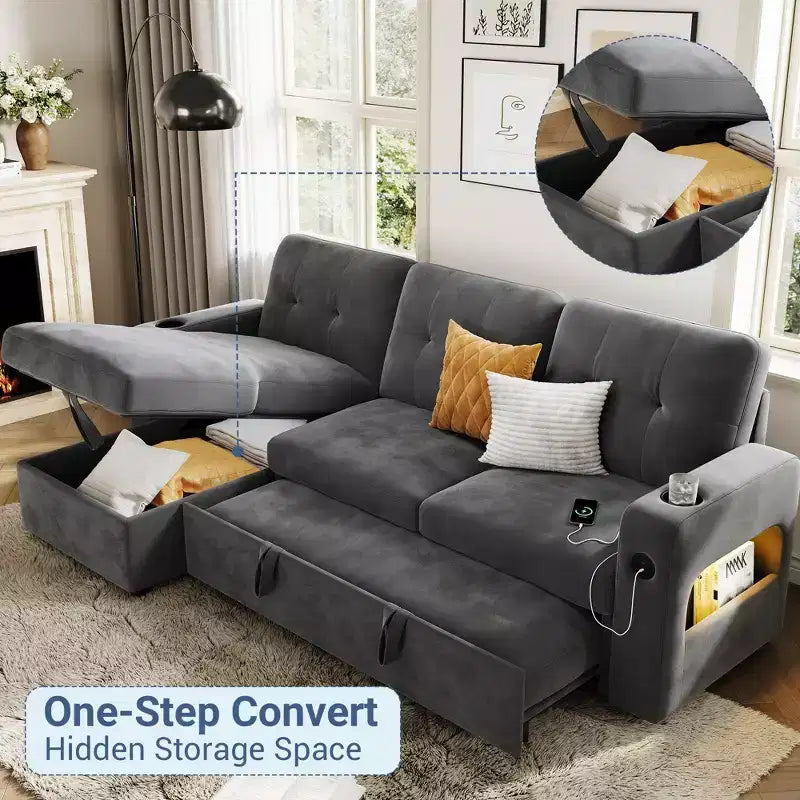 84 Inch Sleeper Sofa Couch, L-Shaped Sofa, Convertible Pull Out Sofa Bed with Storage, Charging Station, Led Lights, Modern Sectional Sofa for Room