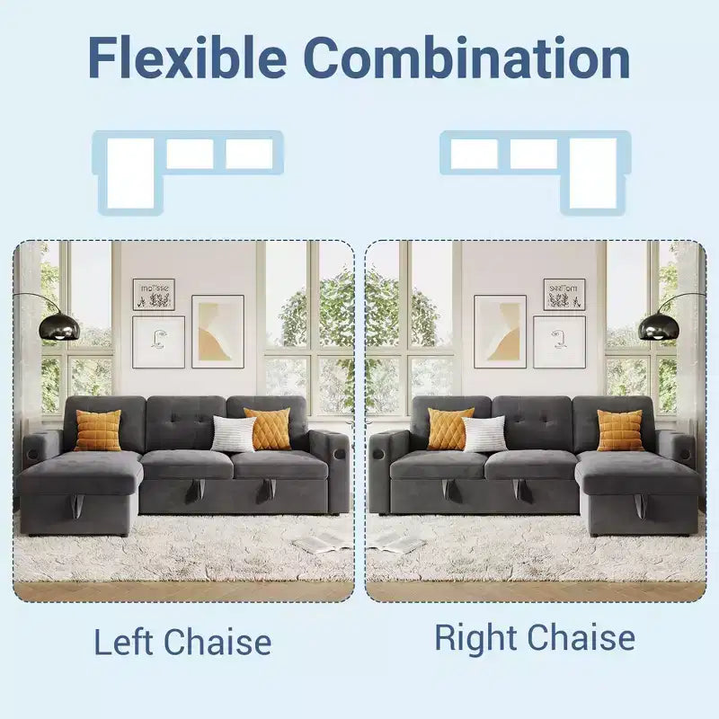 84 Inch Sleeper Sofa Couch, L-Shaped Sofa, Convertible Pull Out Sofa Bed with Storage, Charging Station, Led Lights, Modern Sectional Sofa for Room