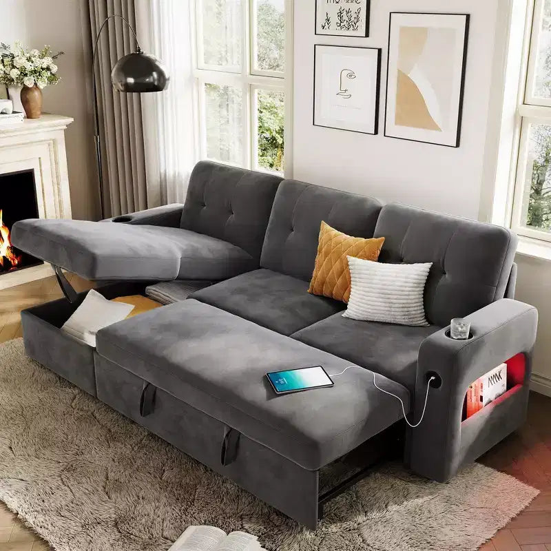 84 Inch Sleeper Sofa Couch, L-Shaped Sofa, Convertible Pull Out Sofa Bed with Storage, Charging Station, Led Lights, Modern Sectional Sofa for Room
