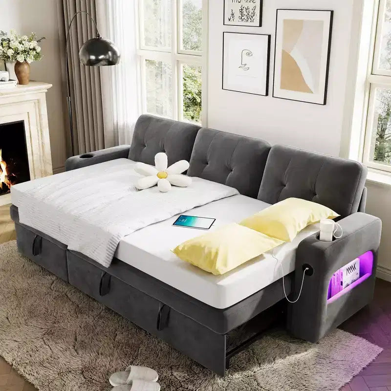 84 Inch Sleeper Sofa Couch, L-Shaped Sofa, Convertible Pull Out Sofa Bed with Storage, Charging Station, Led Lights, Modern Sectional Sofa for Room