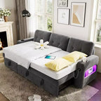 84 Inch Sleeper Sofa Couch, L-Shaped Sofa, Convertible Pull Out Sofa Bed with Storage, Charging Station, Led Lights, Modern Sectional Sofa for Room