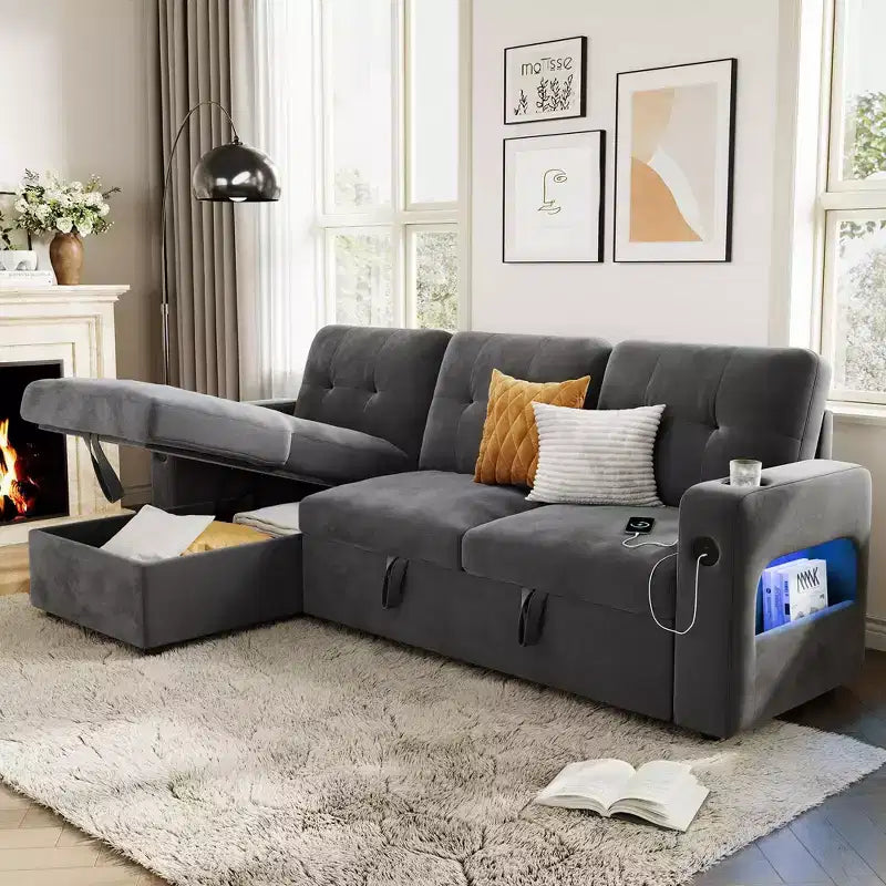 84 Inch Sleeper Sofa Couch, L-Shaped Sofa, Convertible Pull Out Sofa Bed with Storage, Charging Station, Led Lights, Modern Sectional Sofa for Room
