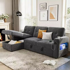 84 Inch Sleeper Sofa Couch, L-Shaped Sofa, Convertible Pull Out Sofa Bed with Storage, Charging Station, Led Lights, Modern Sectional Sofa for Room